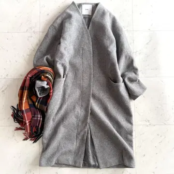 새상품급 언리드 울 100% 노카라 롱 기장 코트 그레이
