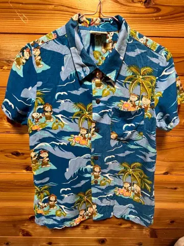 스누피 하와이안 패턴 반팔 셔츠 M 파랑