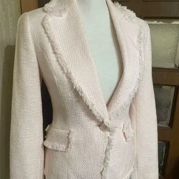 비키 트위드 프린지 장식 핑크 테일러드 자켓