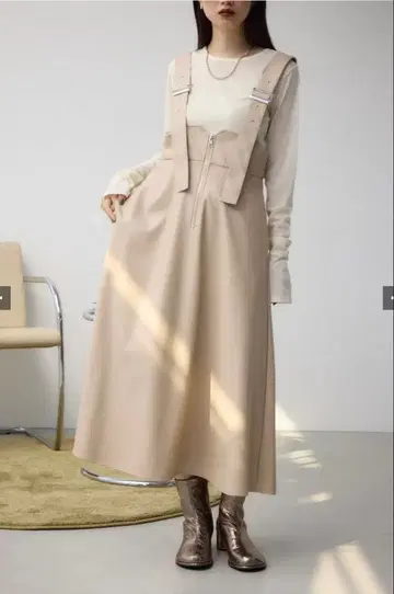 서스펜더 포함 합성 피혁 롱 드레스