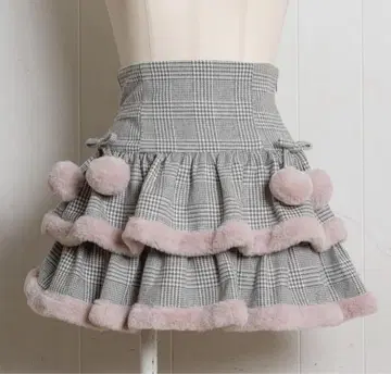 pium 퍼 부착 티어드 미니 스커트 그레이 체크