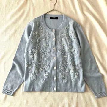 가디건 니트 캐시미어 꽃무늬 자수 비즈 스카이블루