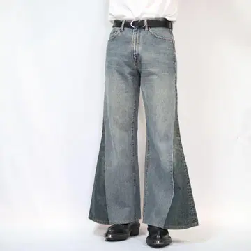 [리메이크] 재구축 와이드 플레어 데님 배기 탁한 블루 페이드 그런지
