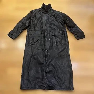 90s 두꺼운 블랙 가죽 모터 사이클 롱 코트 스탠드 카라 FIRST