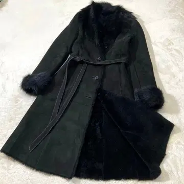 스페인산 리얼 가죽 무스탕 코트 벨트 퍼 포함 롱 코트 M 블랙