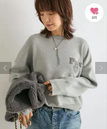 [ 새상품급 ] 리브 드와 파일 자수 니트 그레이