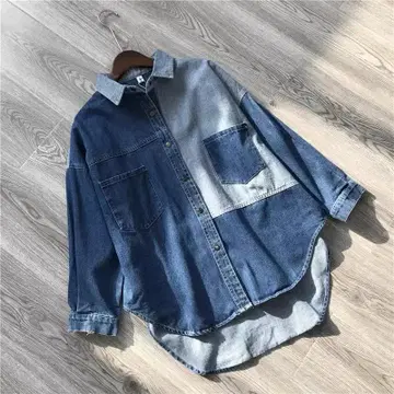데님 패치워크 긴팔 셔츠