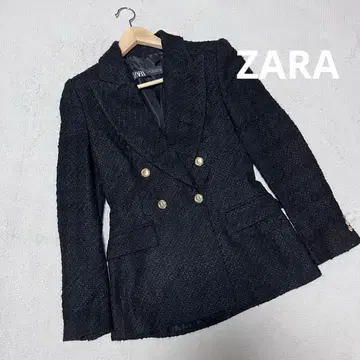 ZARA 트위드 자켓 블레이저 더블 골드 버튼 블랙 S 자라