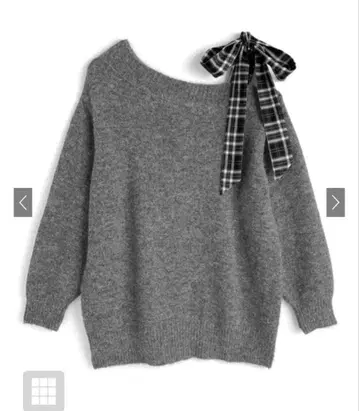 오프숄더 체크 리본 포함 니트 원피스 그레이 GRL 그레일