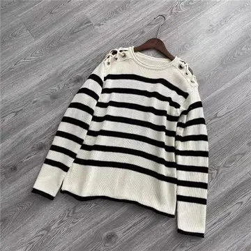 스트라이프 니트 스웨터 긴팔 화이트 블랙