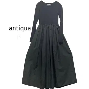 [ antiqua ] 롱 원피스 도킹 이소재 플레어 리브 긴팔 블랙