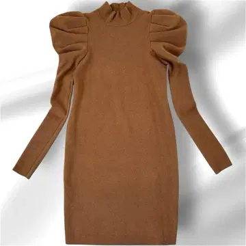 벌스데이 바쉬 브라운 니트 원피스 하이넥 퍼프 슬리브