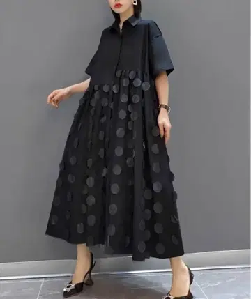 원피스 튤 절개 도트 카라 부착 셔츠 원피스 모드 루즈핏 블랙