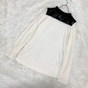 레이스 절개 하이넥 티셔츠 화이트 블랙 긴팔 페미닌 블랙 레이스 모크넥