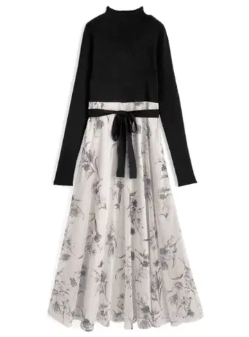 미사용 새상품_ 리본 벨트 니트 도킹 꽃무늬 원피스[dr821]