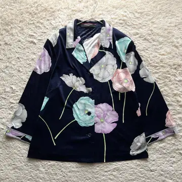 [ 빅 사이즈 LL ] 레오나르 티셔츠 셔츠 꽃무늬 트리밍 면 네이비