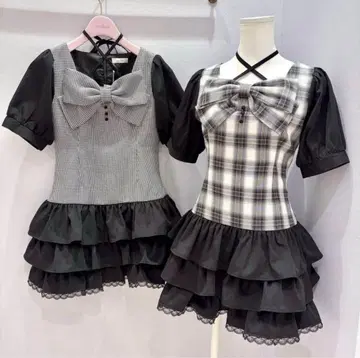 evelyn 빅 리본 티어드 원피스 하운드투스 체크 패턴