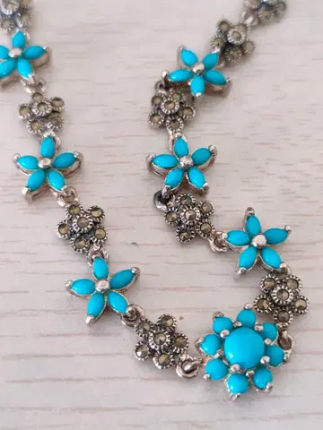 [ 미사용 ] 마카사이트 & 터콰이즈 꽃 모티브 목걸이 실버