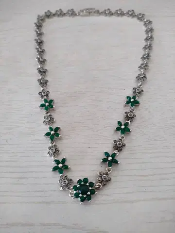 [ 미사용 ] 마카사이트 & 마노 꽃 모티브 목걸이 실버