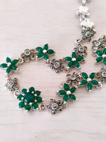 [ 미사용 ] 마카사이트 & 마노 꽃 모티브 목걸이 실버