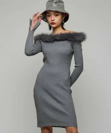 퍼 포함 오프숄더 그레이 니트 원피스 타이트 원피스