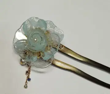 시미즈자카 유리관 헤어콤 스카이블루 레이스 꽃 teftef