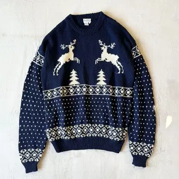 빈티지 손뜨개질 노르딕 무늬 루돌프 울 니트 스웨터 XL