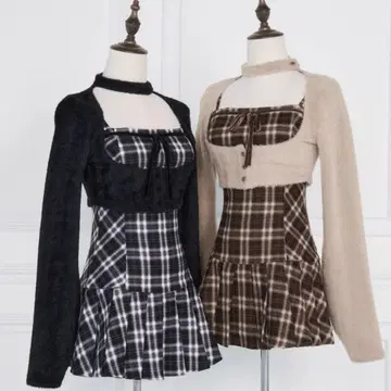 BunnyLis 퍼 볼레로 x 체크 미니 원피스