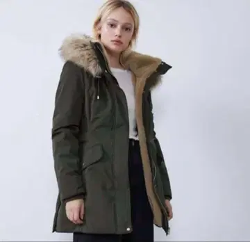 ZARA 퍼 달린 모즈 코트 카키 L 사이즈 깔끔한 A라인