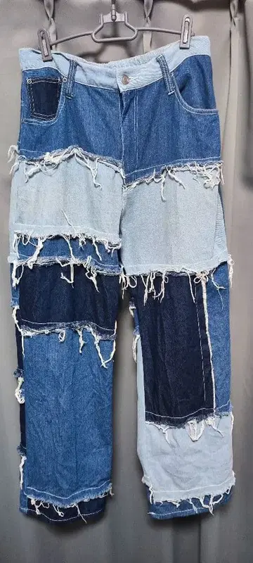 빈티지 리메이크풍 크레이지 패널 배색 보더 절개 데님 팬츠