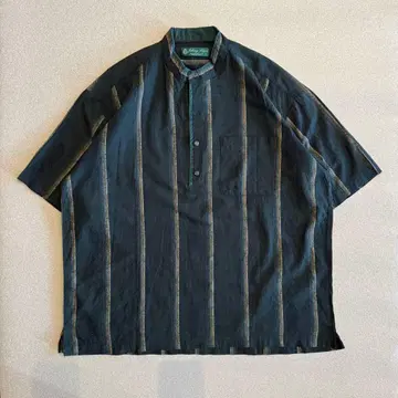 빈티지풍 스트라이프 반팔 풀오버 셔츠 남성용 LL 다크 그린