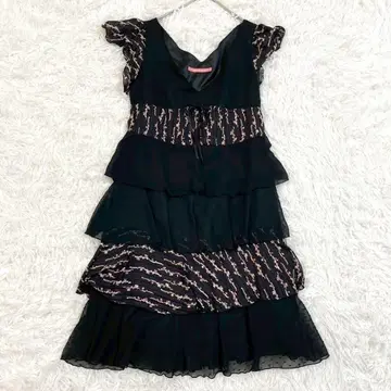 무릎 기장 티어드 원피스 M 블랙 V넥 프릴 슬리브 일본제 결혼식