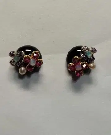 시미즈자카 유리관 귀걸이 비즈 꽃 핑크 보라색 블랙 베이스