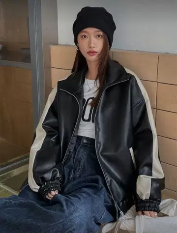 블랙 화이트 합성 피혁 자켓