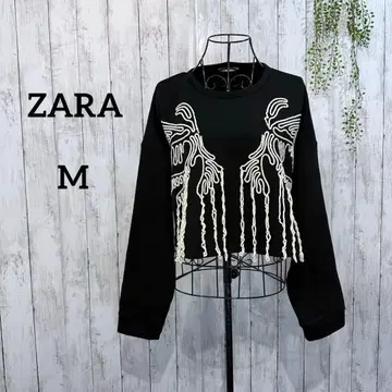 자라/크롭 트레이닝복 M 털실 자수 프린지 블랙 블랙 티셔츠