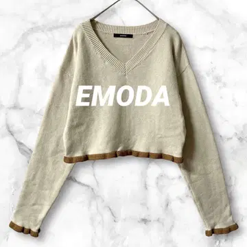 T56*에모다 V넥 프릴 숏 니트 바이컬러 크롭 기장
