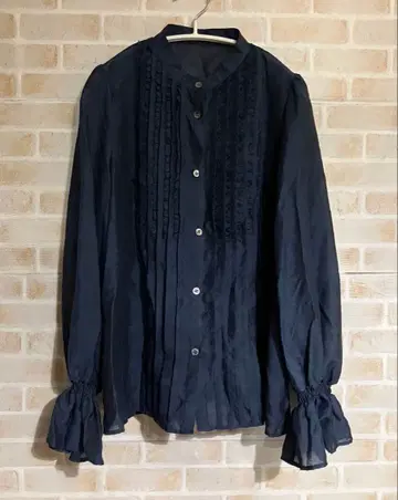 SHIPS any 시어 프릴 밴드 카라 셔츠 블라우스 네이비