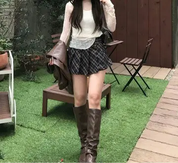 emmy 레트로 체크 플리츠 미니 치마바지