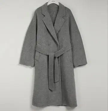 그레이 더블 버튼 벨트 롱 코트