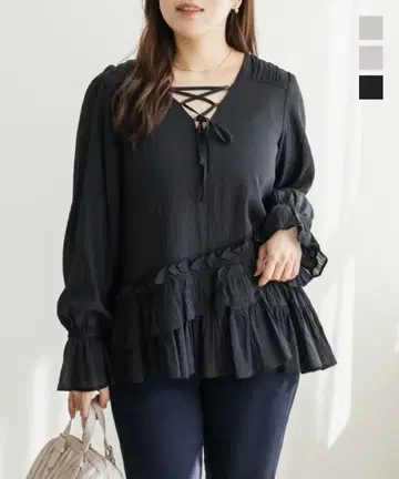 CLETTE 오리지널 사선 프릴 레이스업 블라우스