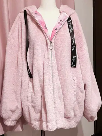 마이멜로디 귀 달린 퍼 블루종 아우터 마이멜로디 산리오 토끼 귀 퍼