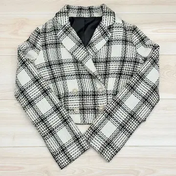 체크 무늬 테일러드 자켓 크롭 기장