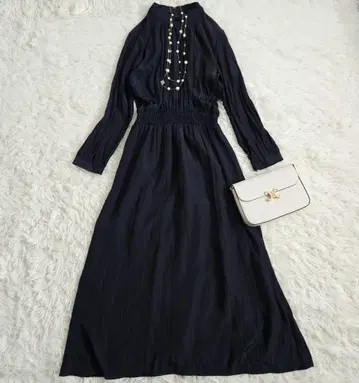 SHIPS 허리 셔링 솔리드 롱 원피스 네이비 컬러 손세탁 가능