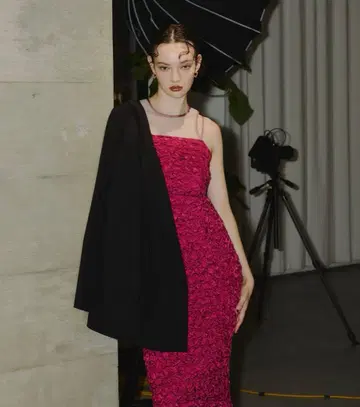 ANDRESD 스모킹 패턴 드레스 핑크 M