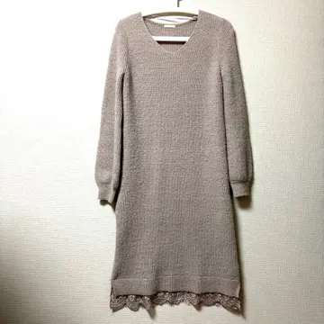 GU 밑단 레이스 V넥 니트 원피스 핑크 그레이지 S