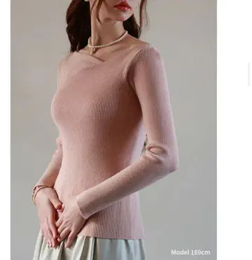 핑크 리브 편직 긴팔 스웨터