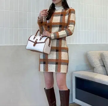 eimy 체크 무늬 니트 원피스 긴팔