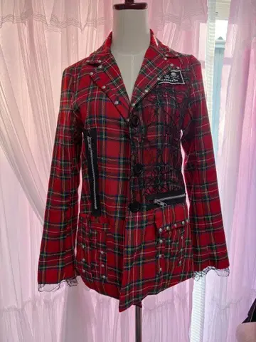 빨간색 체크 자켓 펑크 고딕 락 하라주쿠 스타일