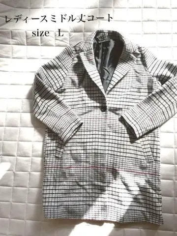 여성용 미들 기장 코트 그레이 레드 체크 무늬 사이즈 L