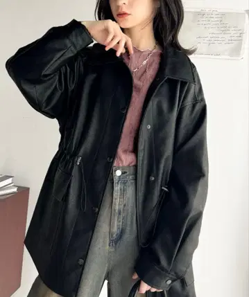 빈티지풍 인조 가죽 허리 드로스트 커버올 블루종 자켓